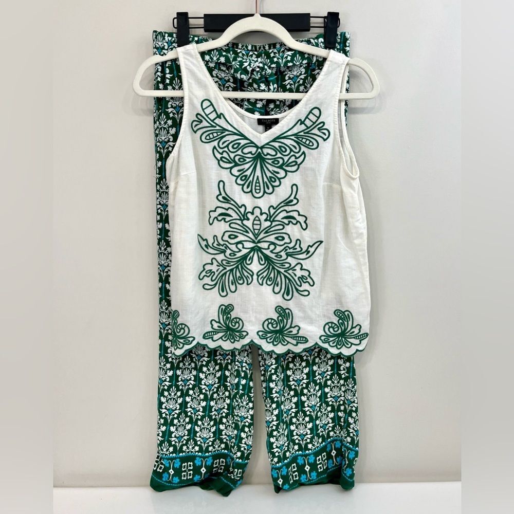 Talbots DAMASK BOUQUET WIDE LEG PANTS + EMBROIDERED LINEN COTTON SHELL small